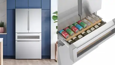 A stainless steel Bosch refrigerator with a beverage drawer.