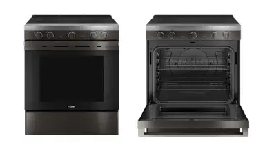 Left: A black stainless steel electric range against a white background. Right: That same range with the oven door open.