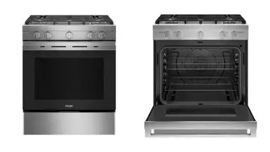 Left: A stainless steel gas range by Haier pictured with a closed door. Right: The same range, but with the door open.
