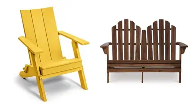 a modern, yellow Adirondack chair sits next to a pretty wood double Adirondack chair