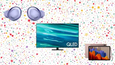 Samsung headphones, HD TV, and tablets against a spotted background.