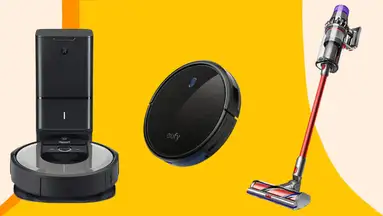 a black iRobot robot vacuum and dock, a black eufy robot vacuum, a Dyson vaccum
