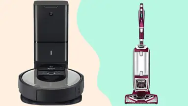 A robot vacuum next to a stand up vacuum, on a white and green background.