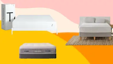 A Tuft & Needle mattress, an Awara mattress, and a Leesa mattress on a bed frame.