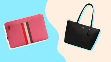 A pink Coach wallet and a black Coach shoulder bag.