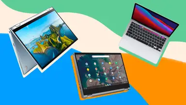 An Asus, Lenovo, and Apple laptop on a colorful background