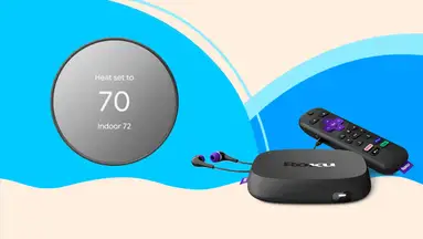 Water flosser, keurig, and speaker against a blue and yellow background