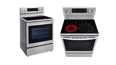 A side by side image of the front and top of an electric range by LG.