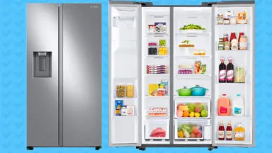 An image of two Samsung RS27T5200SR refrigerators in a void, one with its doors closed and one with its doors open, showcasing the interior.