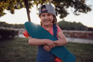A girl smiles as she hugs her Penny Board beginner skateboard for kids.