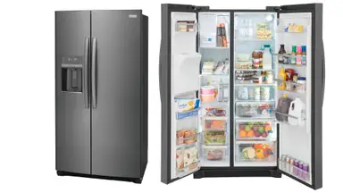 Two Frigidaire Gallery GRSC2352AF refrigerators standing next to each other in a white void. The fridge on the left has its doors closed and the fridge on the right has its door open, showcasing the interior.