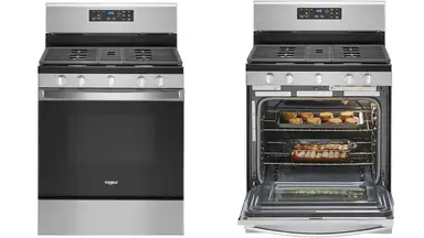 On the left, the Whirlpool WFG535S0JS gas range with its oven door closed; on the right, the Whirlpool WFG535S0JS with its oven door open and there's some bread and food on the two racks.