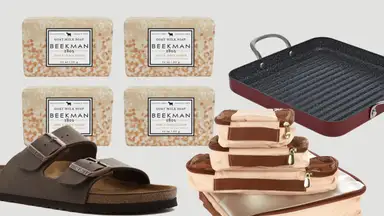 An image of several products included in the gift guide including soap, Birkenstock sandals, packing cubes, and a grill pan.