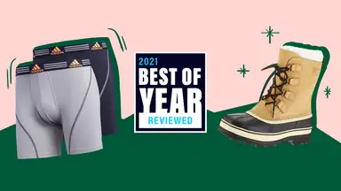 Adidas boxer briefs and Sorel winter boots for men on a graphic background