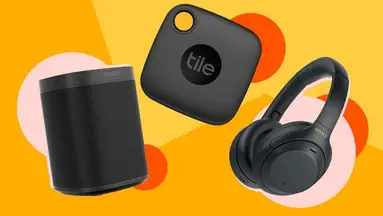 Sonos speaker, Tile tracker, and Sony headphones against an orange and pink backdrop.