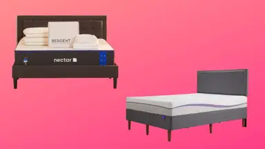 nectar mattress and purple mattress on a pink background