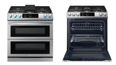 Samsung NY63T8751SS stainless steel range—oven closed on the left, oven open on the right.