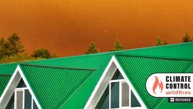 An orange sky overlooks a green house roof