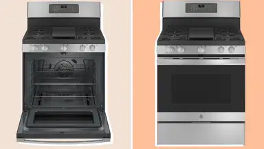 Two gas ranges next to each other on an orange background