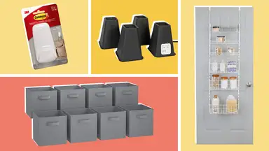 A collage featuring a door hanger, organizer, storage cubes and bed lifts.