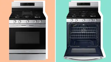 Two stainless steel Samsung ranges showing its oven door closed on left and opened on right.