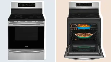 A stainless steel induction range with its oven closed and open.