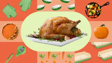 Several Thanksgiving kitchen tools surrounding an image of a cooked turkey, on green and orange backgrounds.