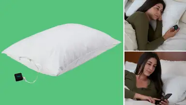 On left, white DreamPad pillow. On right person laying in bed on DreamPad pillow while using cell phone.