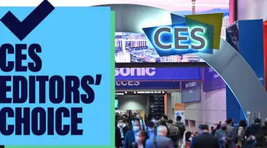 A crowed at a CES event with a graphic blue overlay featuring a checkmark and the words "CES Editors' Choice."