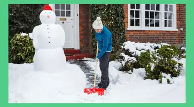 A person shoveling snow in the front yard
