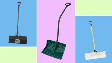 Three snow shovels against a colorful background.