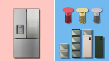 A variety of LG products (including a refrigerator, air purifiers and shoe boxes) in front of a blue and pink background.
