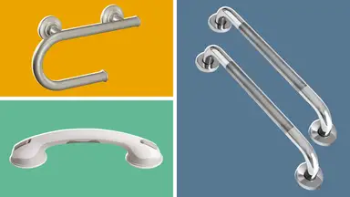 The Zuext, Moen, and Safe-er-Grip grab bars pictured together on a colorful background