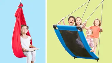 Aokitec and Hearthsong sensory swings in a side-by-side image on a colorful background