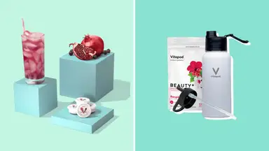 On left, glass of flavored drink next to pomegranate fruit and Vitapod pods. On right, Vitapod water bottle and drink mix.