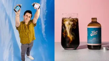Left: photo of Chris Olsen holding coffee concentrate bottles. Right: class of cold brew beside a bottle of concentrate