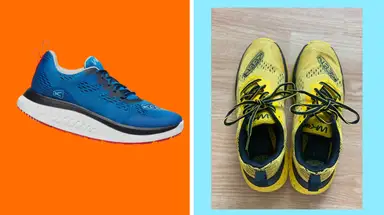 A blue Keen WK400s on one side on an orange background. A photo of a yellow pair of Keen WK400s on the other side on a blue background.