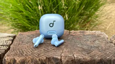 The Anker Soundcore Liberty 4 NC earbuds and case in light blue sitting on a wooden wall with a plant in the background.