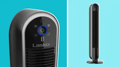 A close-up of the control buttons on the top of the Lasko fan and another full-length view of the Lasko fan on a blue background.