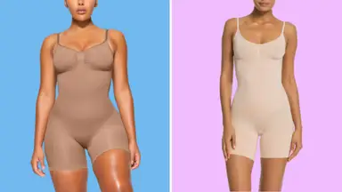 Models wearing a medium-brown shaping bodysuit from Skims and a pale shaping bodysuit from Spanx.