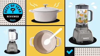 Collage with a blue-and-black circular graphic reading Best of Year, Reviewed 2023, and images of the Cuisinart Hurricane and Made In Dutch Oven.