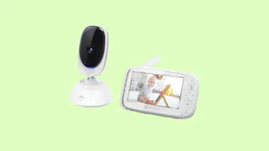 The Motorola VM75 with camera and monitor displaying a baby playing.