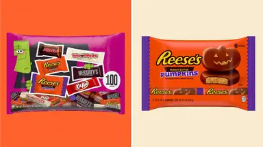 A collage of discounted candy bags from Walmart.