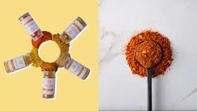 On the left: A picture of five Savory Spices in a circle, with spilled spices. On the right: A picture of a black spoon on a countertop, with Savory Spice on it.
