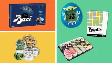 Top left: Perugina Chocolates on orange background. Bottom left: Crazy Aaron's Thinking Putty on yellow background. Right: Star Wars Tamagotchi, Wordle Party Game, and Sushi socks on green background.