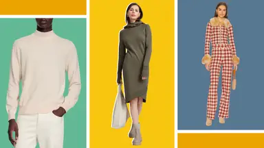 Models wearing a cream mock-neck sweater, a sweatshirt dress, and a printed sweatsuit.