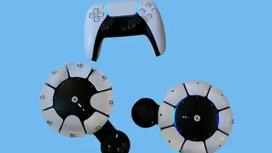 Two Playstation Access Controllers and a DualShock Controller against a blue background