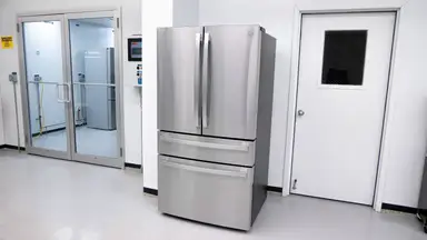 The GE Profile PGE29BYTBFS Smart Refrigerator set up outside our refrigerator testing labs.