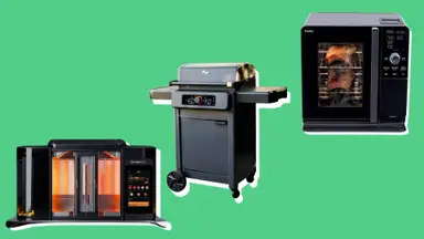 Three grills on a green background