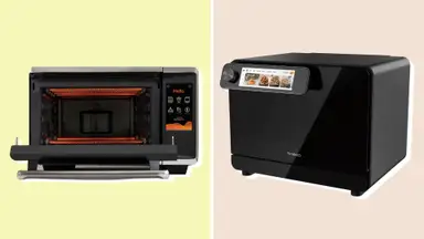 Macrowave and Tineco smart oven on colorful background